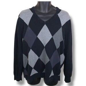 XL Merona Argyle Sweater Mens Y2k Era Black Grey Long Sleeve Vneck Academia